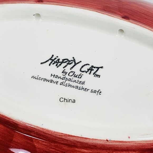 LOT (2) Outi Happy Cat Oval Bowls 9.5"x4.5" Blue Green Red Dish Hand Painted EUC - Picture 5 of 8